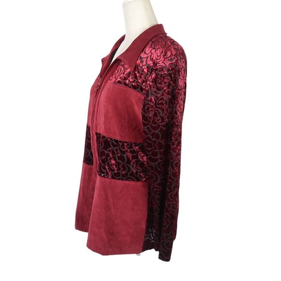 Vintage 90s New Ruby Burgundy Red Floral Velvet Faux Suede Blouse Top XL - Picture 3 of 6